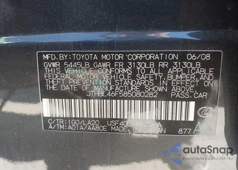 2008 Lexus Ls 460 from USA, damaged, VIN JTHBL46F585080282